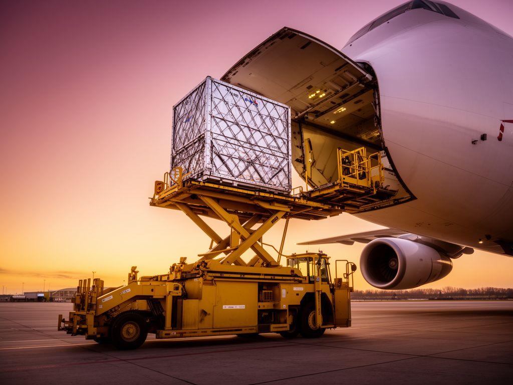 Cargo loader raising a ULD pallet into a wide-body freighter