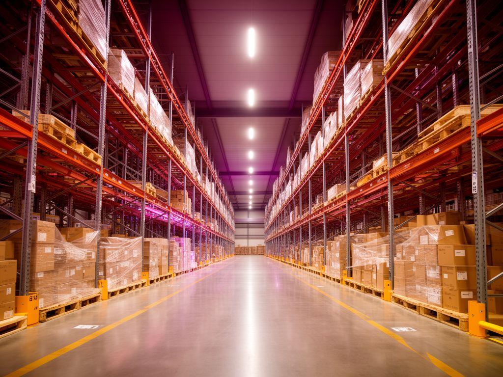 Interior of a clean bonded warehouse with high-bay racking and palletised stock