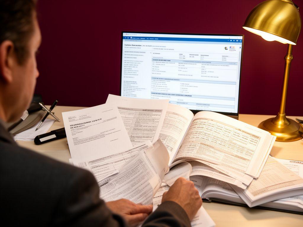 Customs broker reviewing import paperwork and HS code reference at a desk