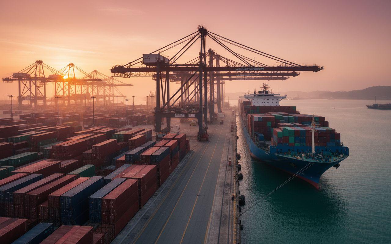 Container vessel berthed at Port Klang at sunrise with stacked cargo containers and cranes