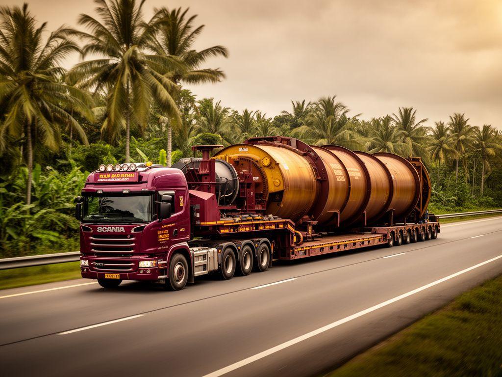 Heavy haulage prime mover transporting an oversized piece of machinery on a low loader