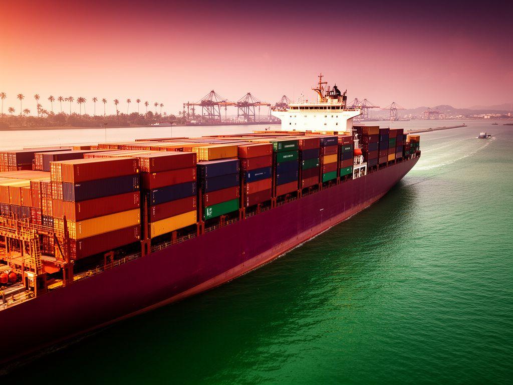 Container ship loaded with shipping containers passing through harbour