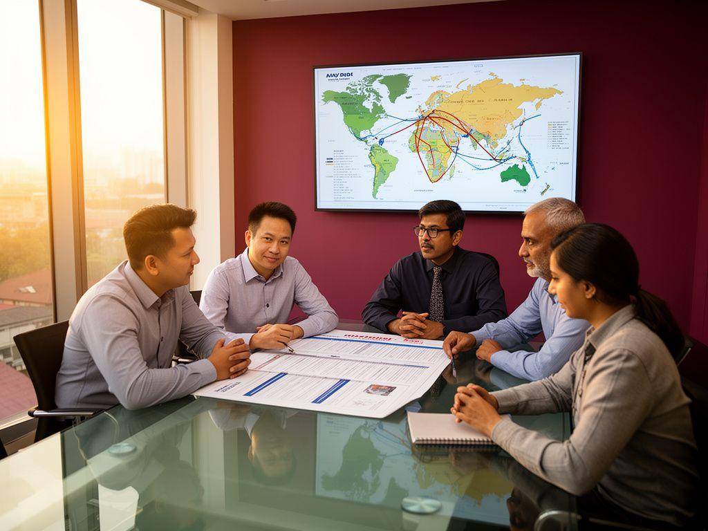 Dynaquo Freightworks operations team reviewing a shipment plan on a wall-mounted route map