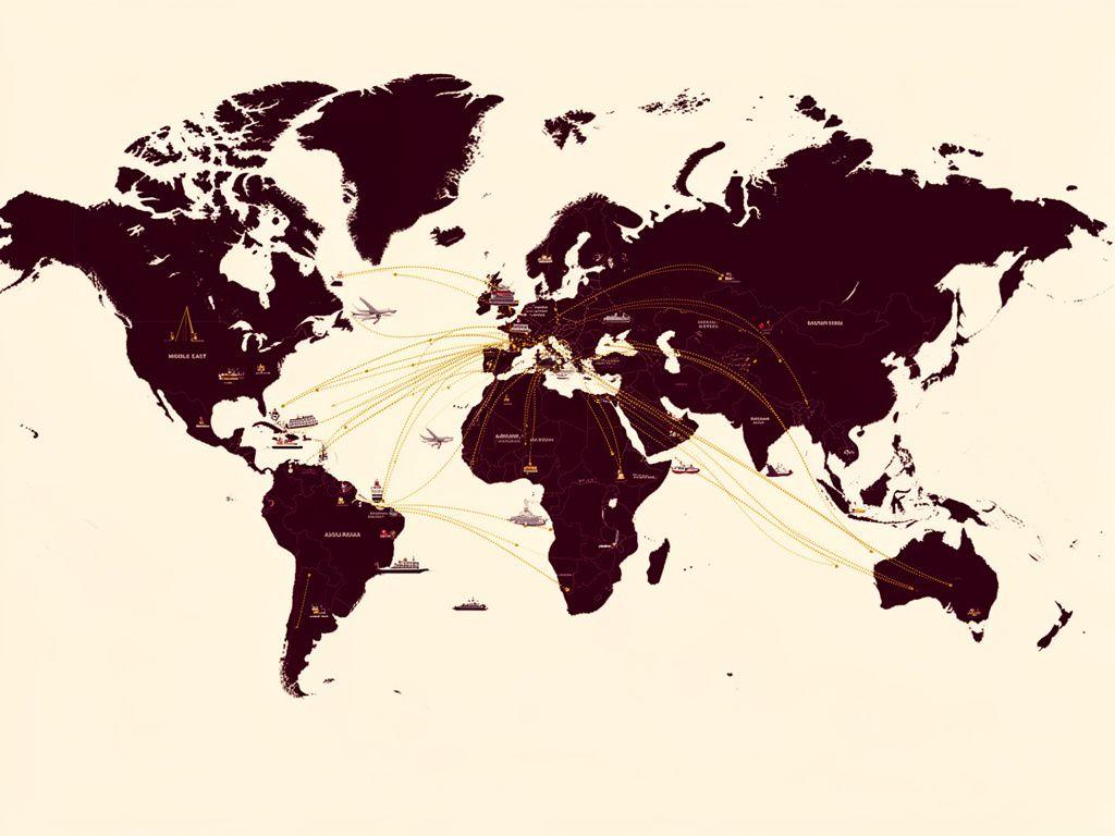 Stylised world map highlighting the major trade lanes Dynaquo Freightworks operates from Malaysia